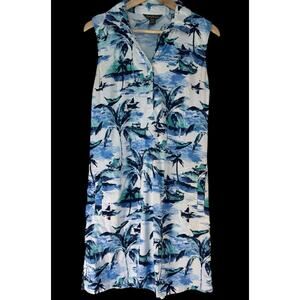 Tommy Bahama Dress Size M Blue Green Tropical Palm Trees Sleeveless Knee Length